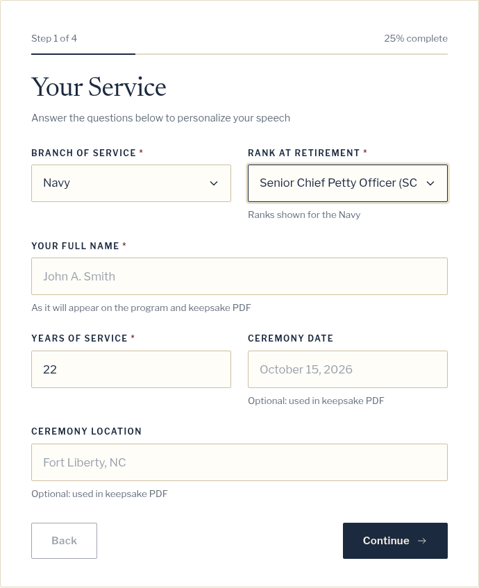Questionnaire step: Your Service