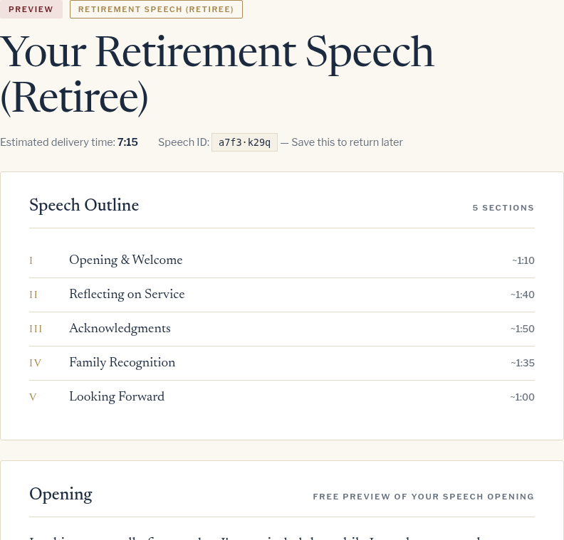 Speech preview with outline and opening